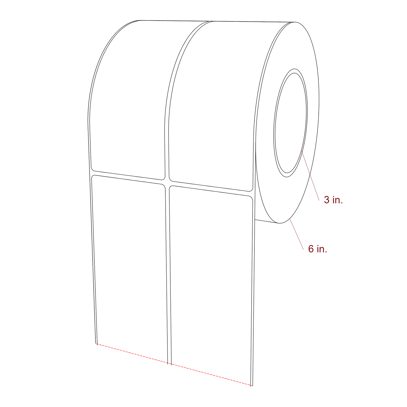 2.5 Inch x 6 Inch Rectangle Inkjet Label Roll - 3 Inch Core - 6 Inch Roll OD - 2Up - 3D Perspective