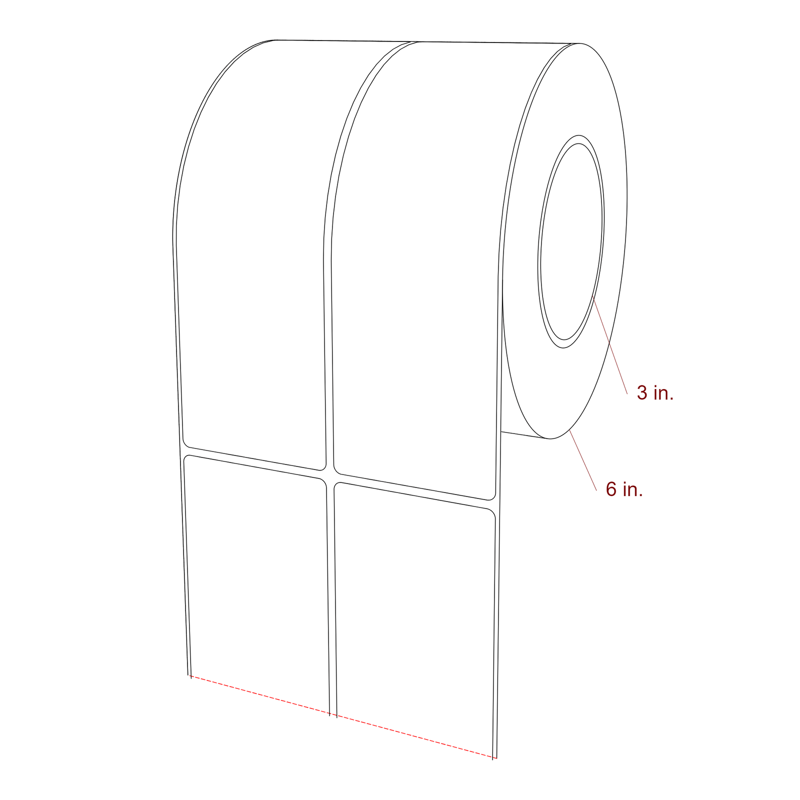2.5 Inch x 7.75 Inch Rectangle Inkjet Label Roll - 3 Inch Core - 6 Inch Roll OD - 2Up - 3D Perspective