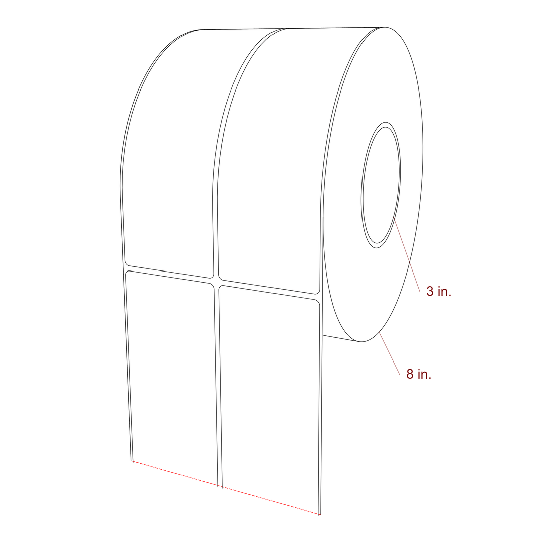 2.5 Inch x 7.75 Inch Rectangle Inkjet Label Roll - 3 Inch Core - 8 Inch Roll OD - 2Up - 3D Perspective
