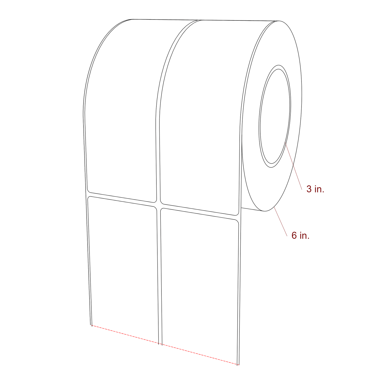 2.5 Inch x 7 Inch Rectangle Inkjet Label Roll - 3 Inch Core - 6 Inch Roll OD - 2Up - 3D Perspective