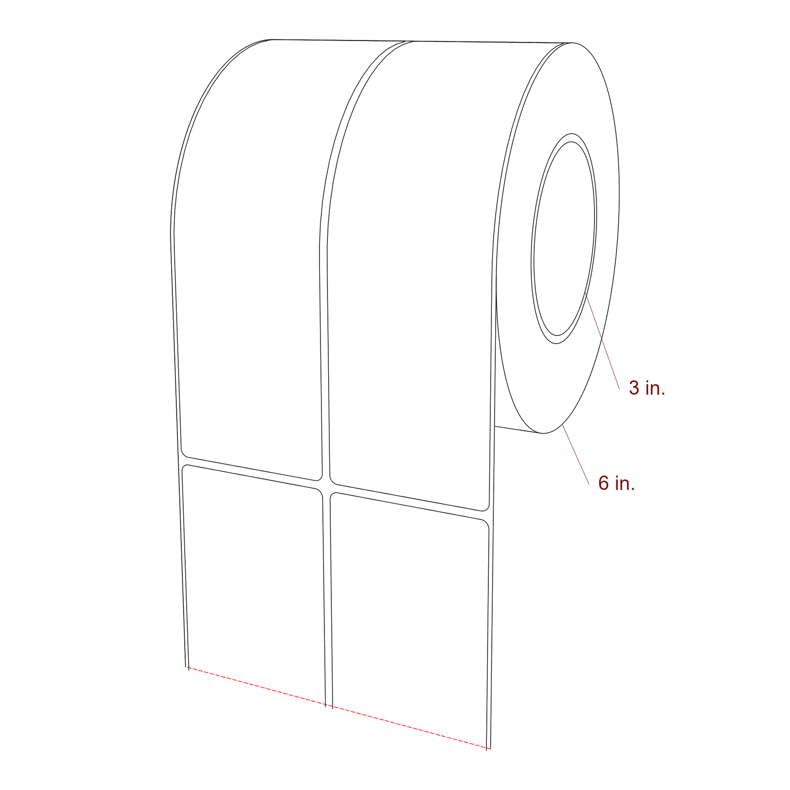 2.5 Inch x 8 Inch Rectangle Inkjet Label Roll - 3 Inch Core - 6 Inch Roll OD - 2Up - 3D Perspective