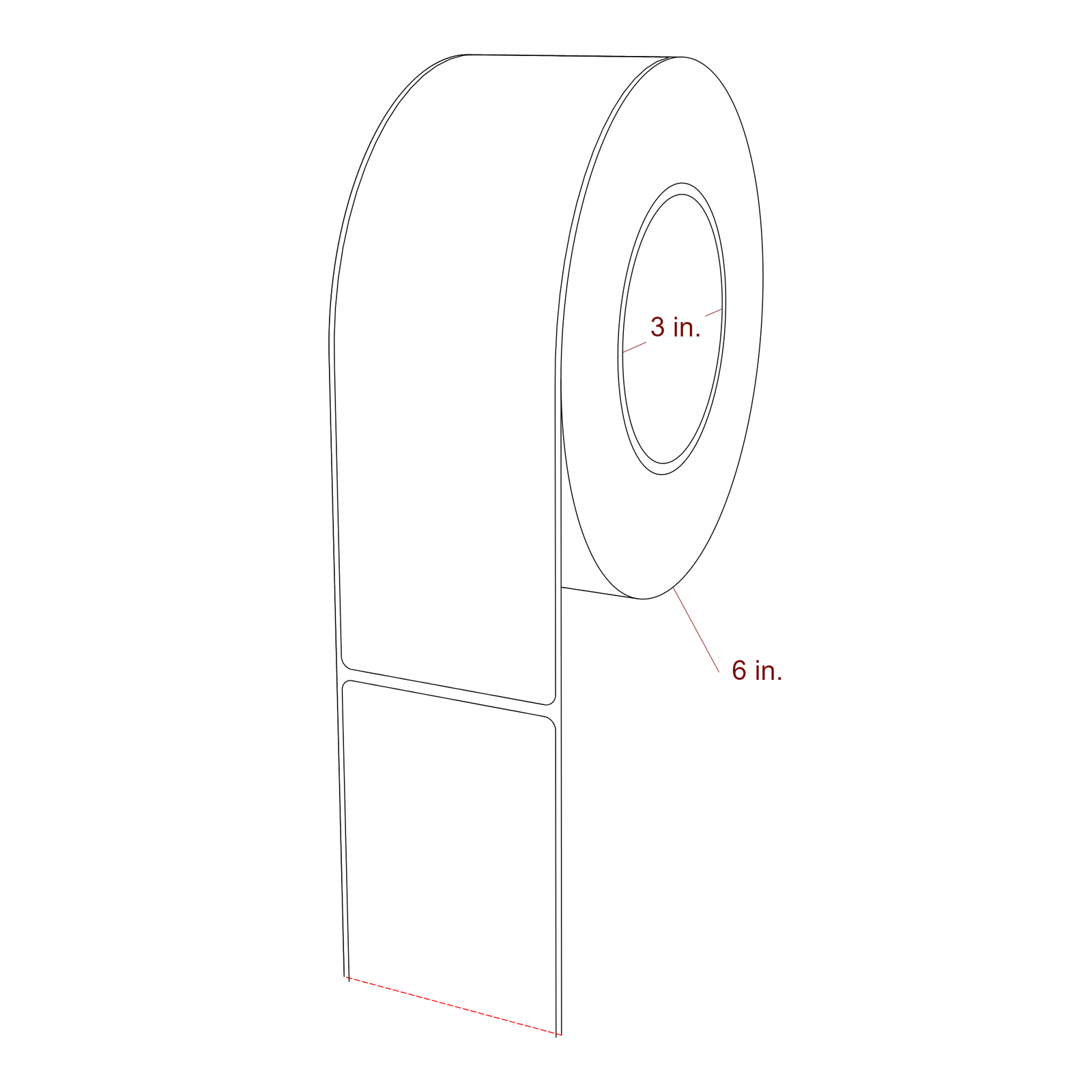 2.5 Inch x 8 Inch Rectangle Inkjet Label Roll - 3 Inch Core - 6 Inch Roll OD - 3D Perspective