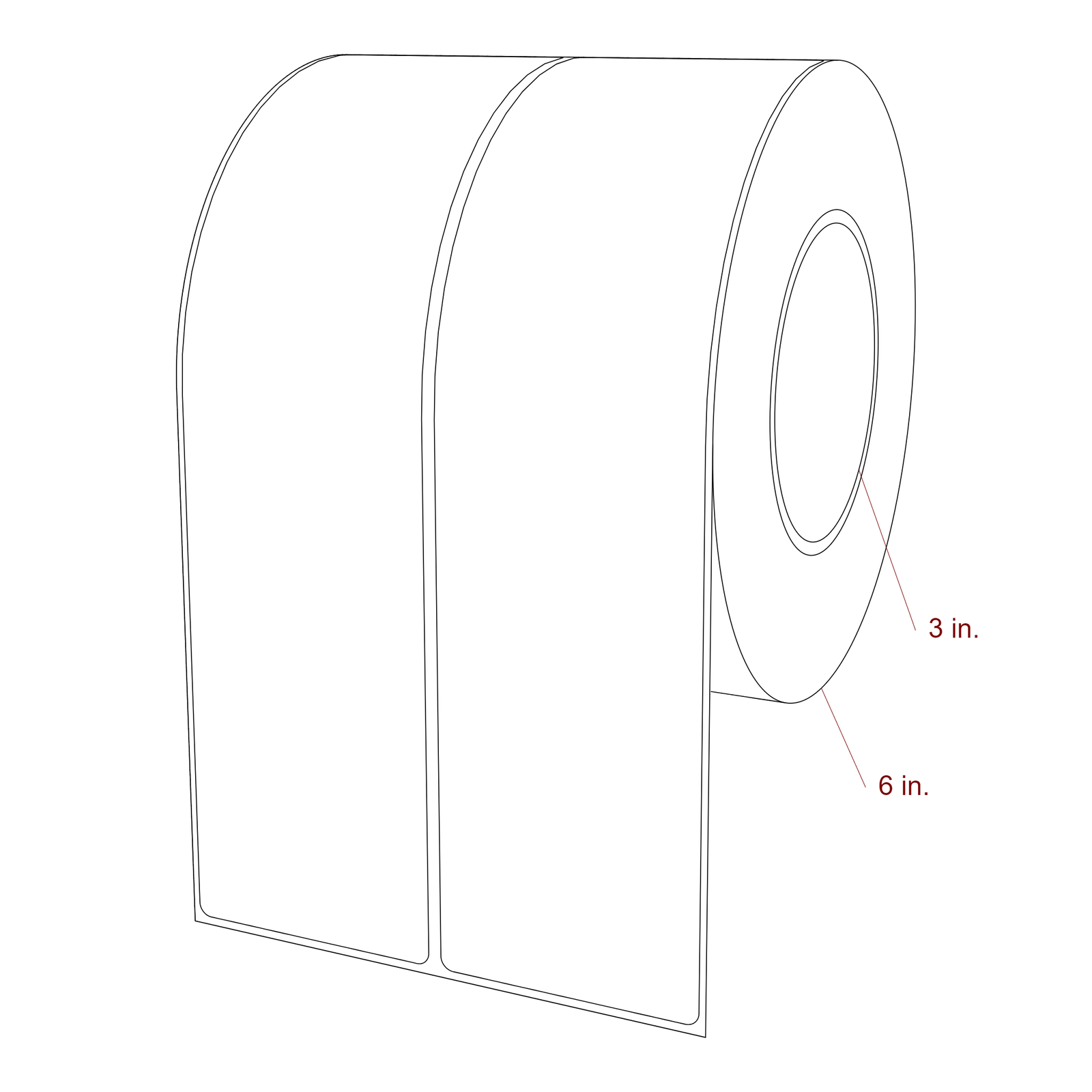 2.5 Inch x 9.75 Inch Rectangle Inkjet Label Roll - 3 Inch Core - 6 Inch Roll OD - 2Up - 3D Perspective
