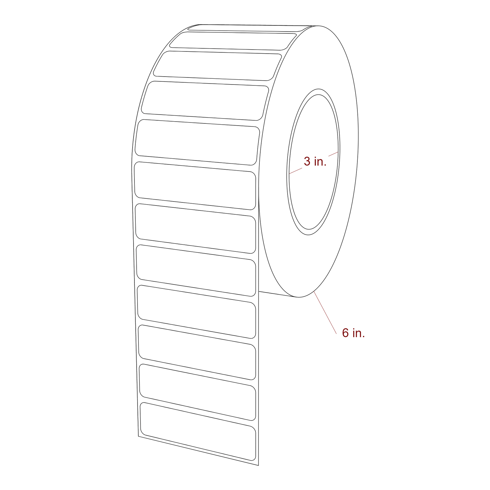 2.75 Inch x 0.75 Inch Rectangle Inkjet Label Roll - 3 Inch Core - 6 Inch Roll OD - 3D Perspective