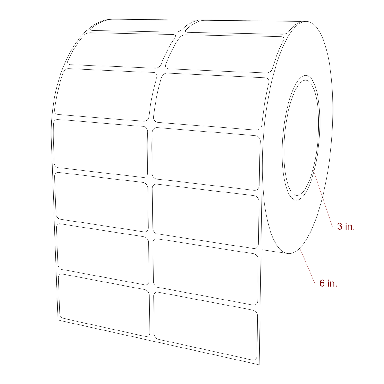 2.75 Inch x 1.25 Inch Rectangle Inkjet Label Roll - 3 Inch Core - 6 Inch Roll OD - 2Up - 3D Perspective