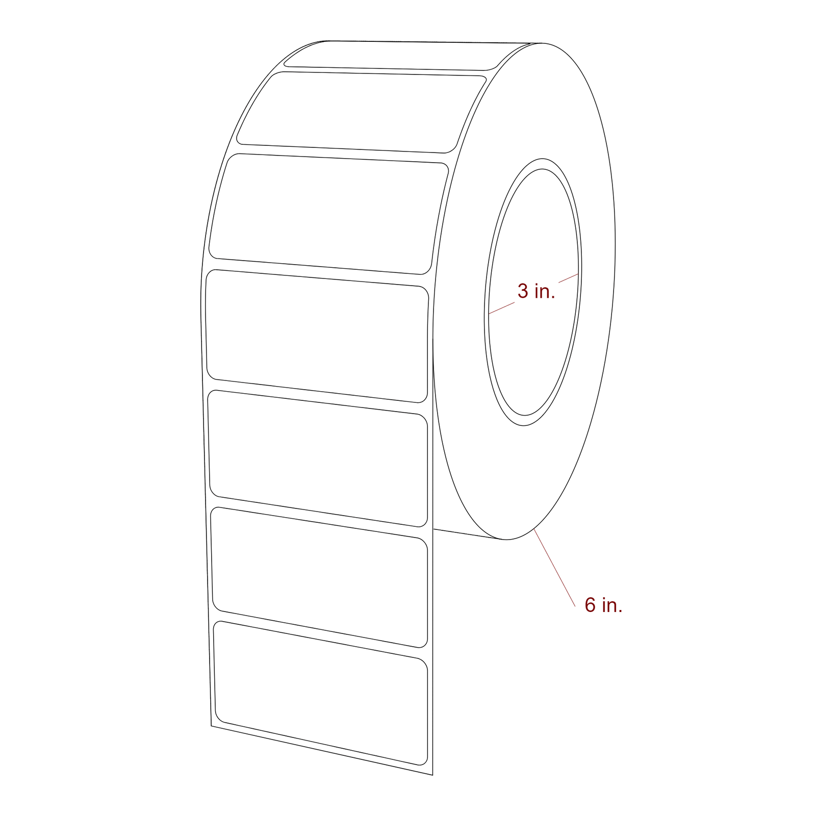2.75 Inch x 1.25 Inch Rectangle Inkjet Label Roll - 3 Inch Core - 6 Inch Roll OD - 3D Perspective