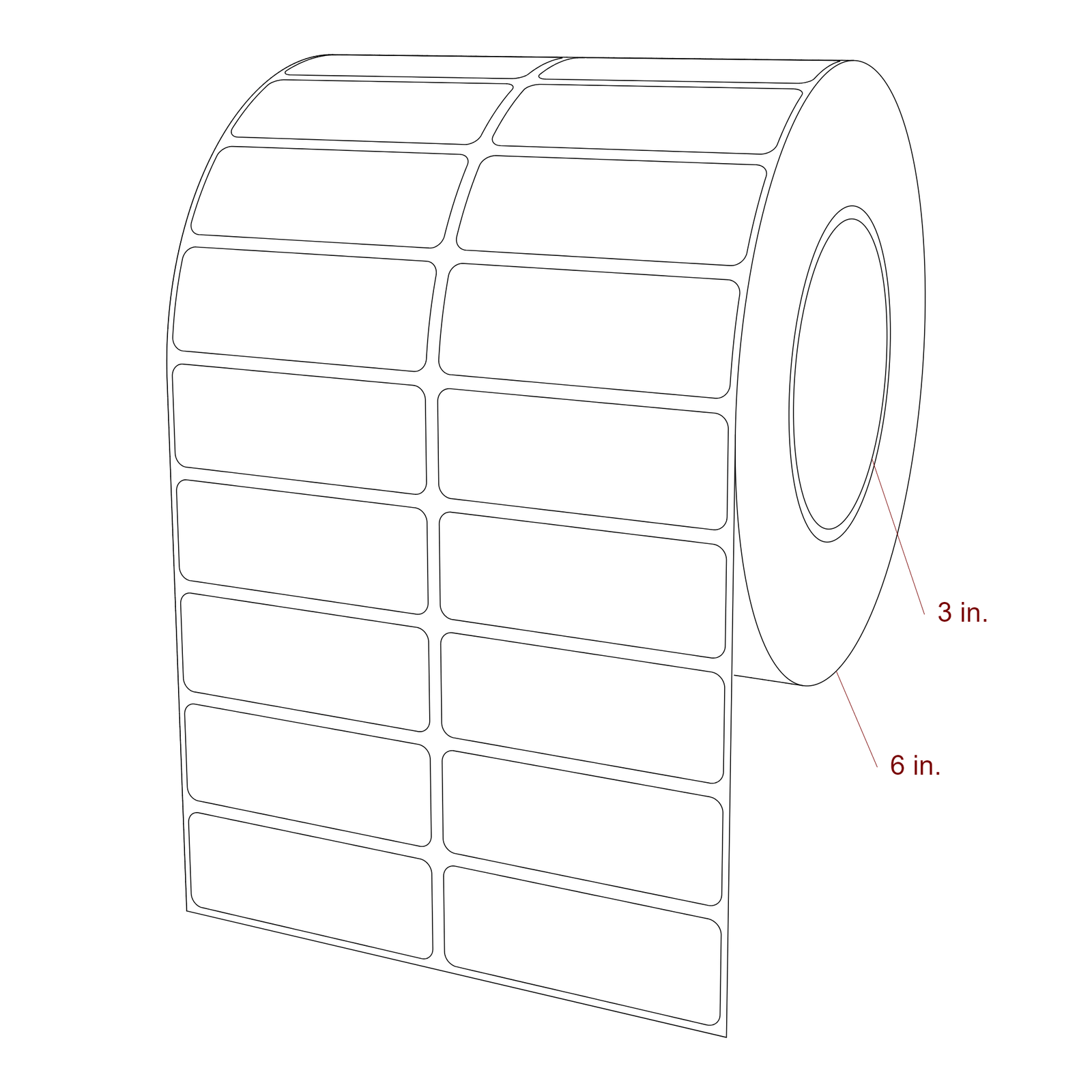 2.75 Inch x 1 Inch Rectangle Inkjet Label Roll - 3 Inch Core - 6 Inch Roll OD - 2Up - 3D Perspective
