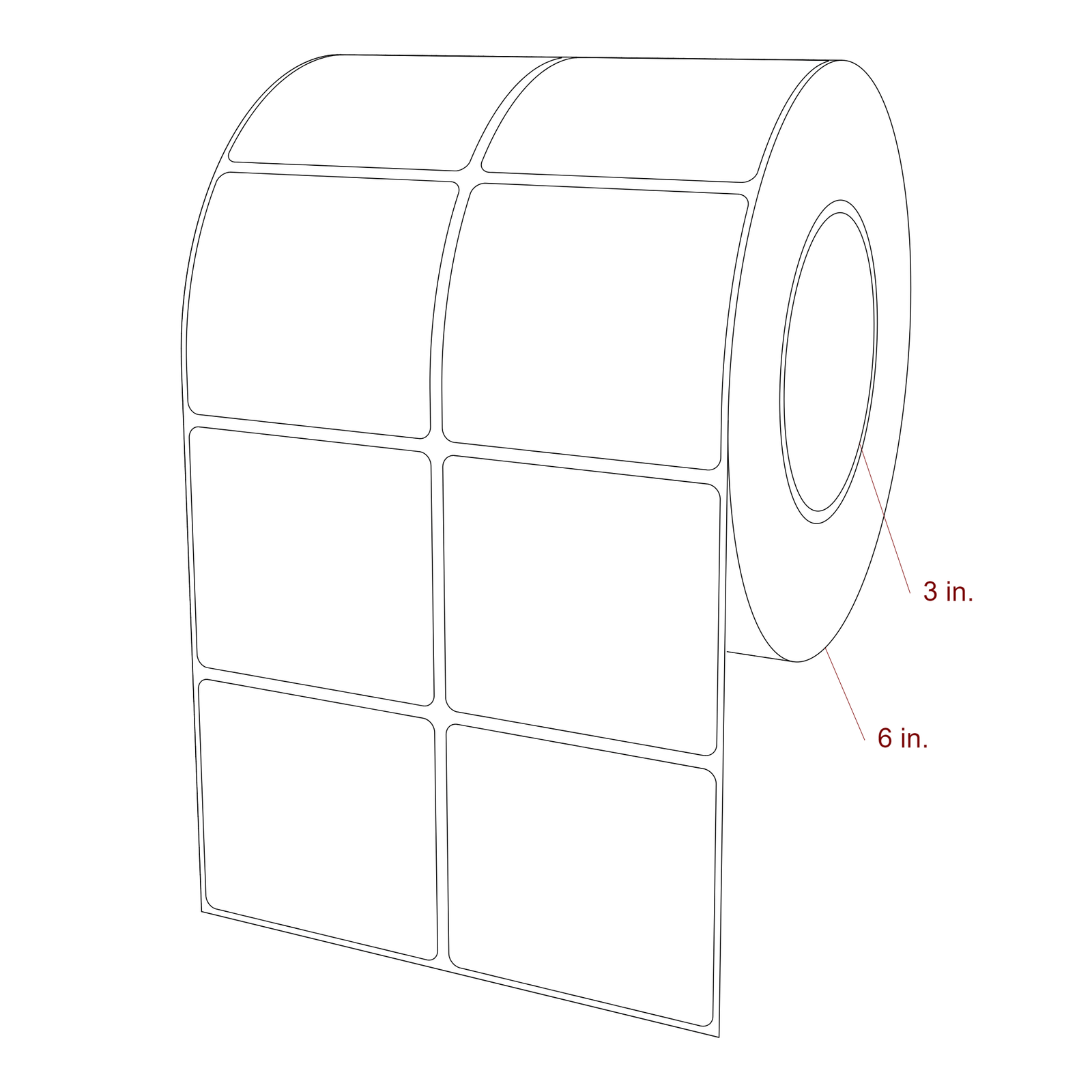 2.75 Inch x 2.5 Inch Rectangle Inkjet Label Roll - 3 Inch Core - 6 Inch Roll OD - 2Up - 3D Perspective