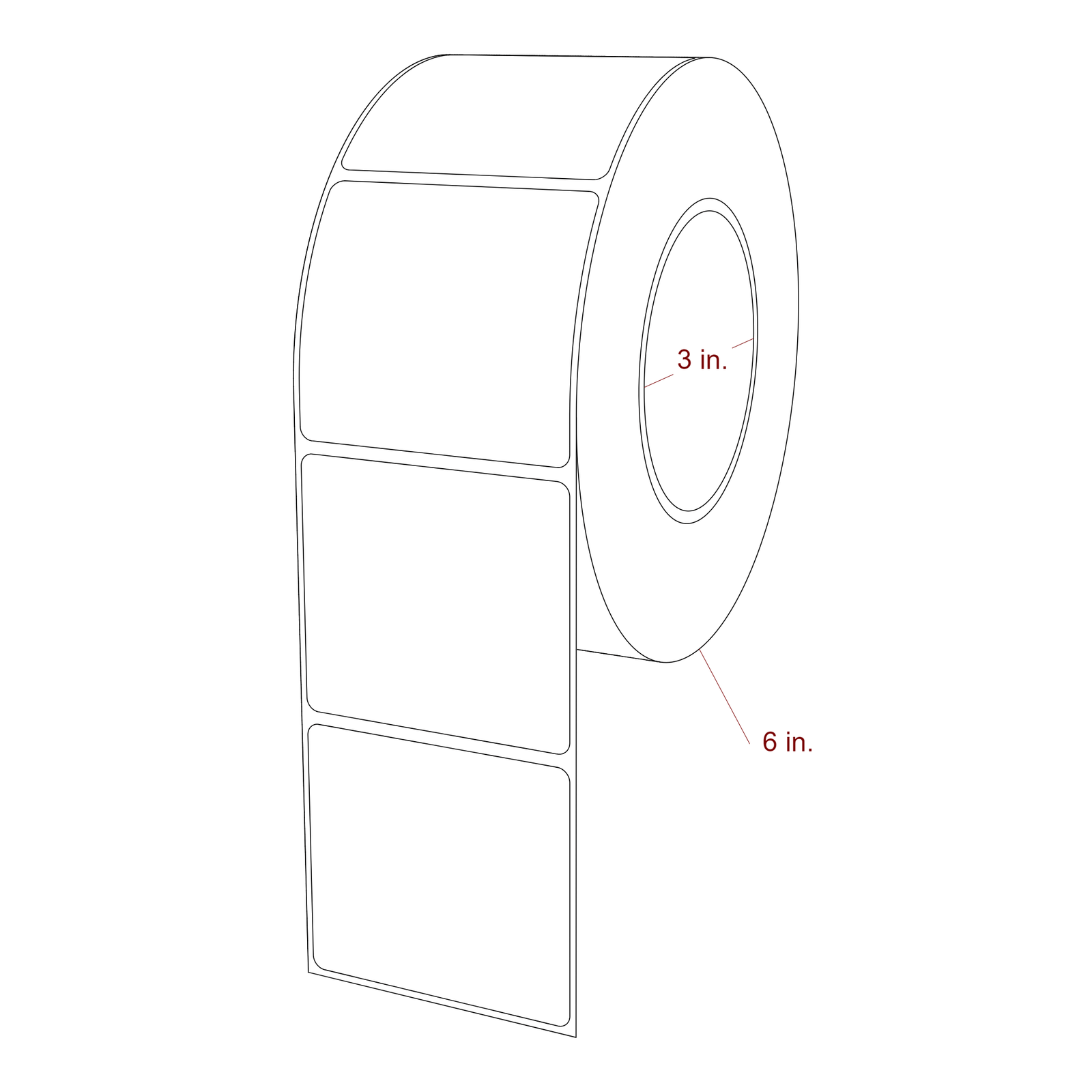 2.75 Inch x 2.5 Inch Rectangle Inkjet Label Roll - 3 Inch Core - 6 Inch Roll OD - 3D Perspective