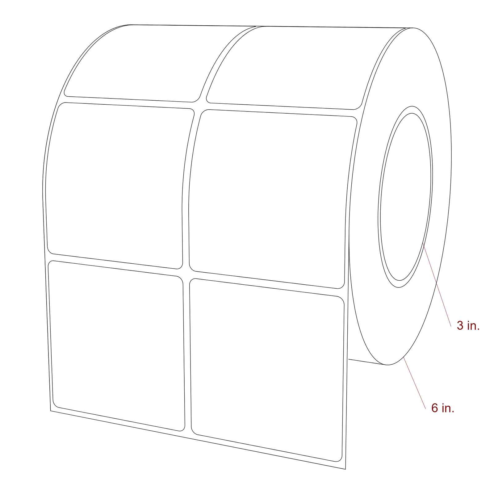 2.75 Inch x 2.75 Inch Rectangle Inkjet Label Roll - 3 Inch Core - 6 Inch Roll OD - 2Up - 3D Perspective