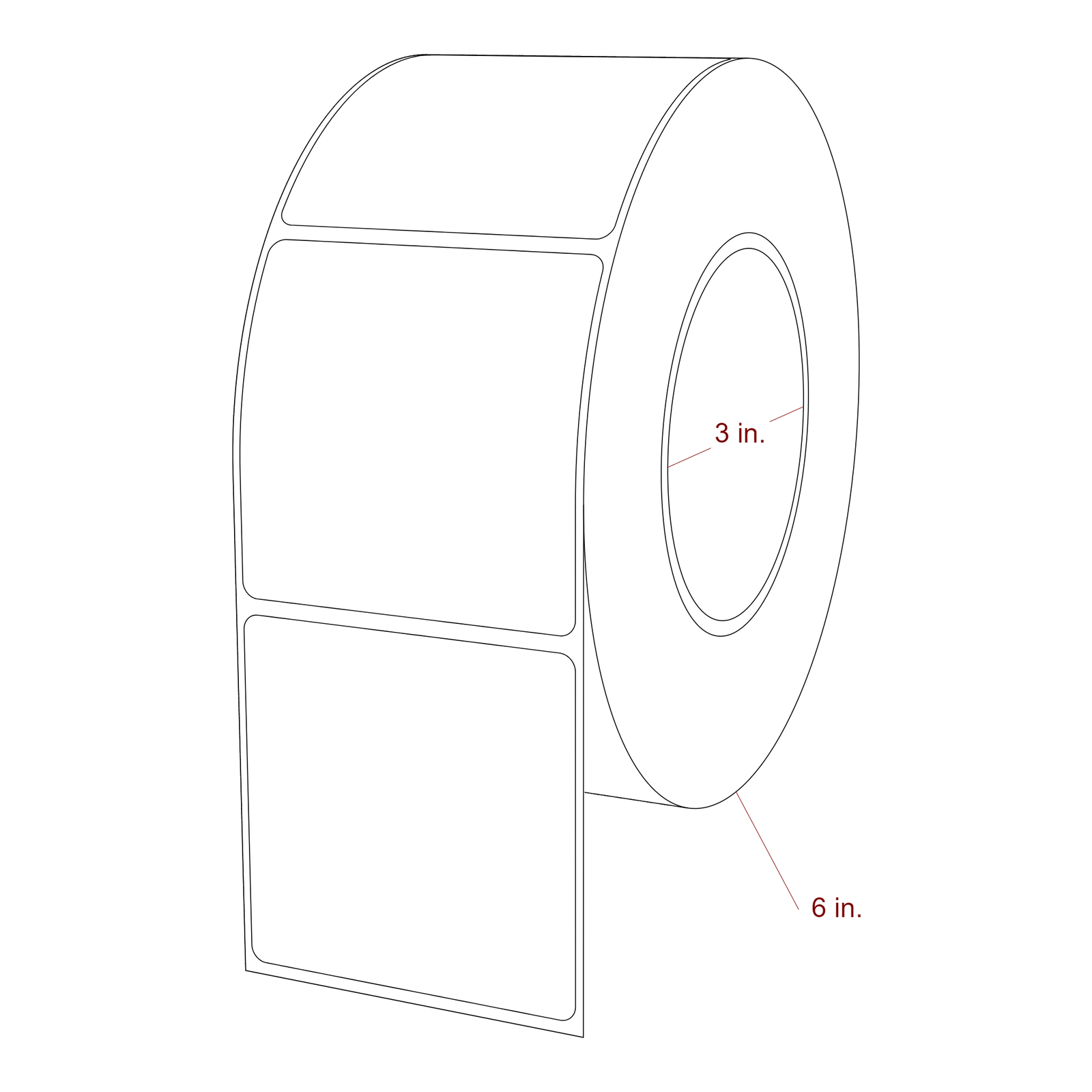 2.75 Inch x 2.75 Inch Rectangle Inkjet Label Roll - 3 Inch Core - 6 Inch Roll OD - 3D Perspective