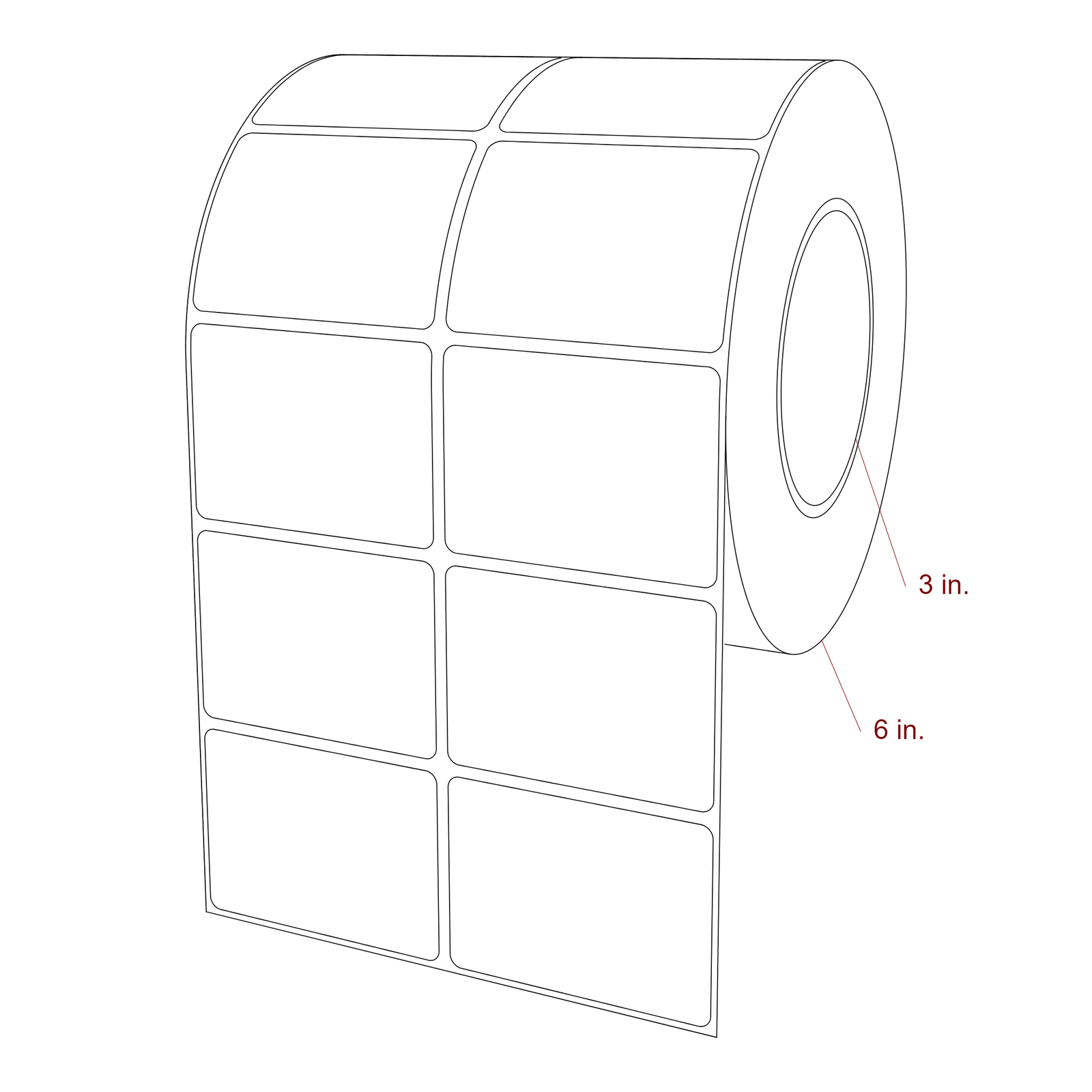 2.75 Inch x 2 Inch Rectangle Inkjet Label Roll - 3 Inch Core - 6 Inch Roll OD - 2Up - 3D Perspective