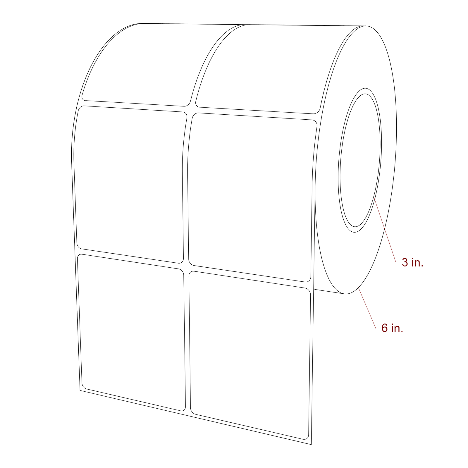 2.75 Inch x 3.25 Inch Rectangle Inkjet Label Roll - 3 Inch Core - 6 Inch Roll OD - 2Up - 3D Perspective