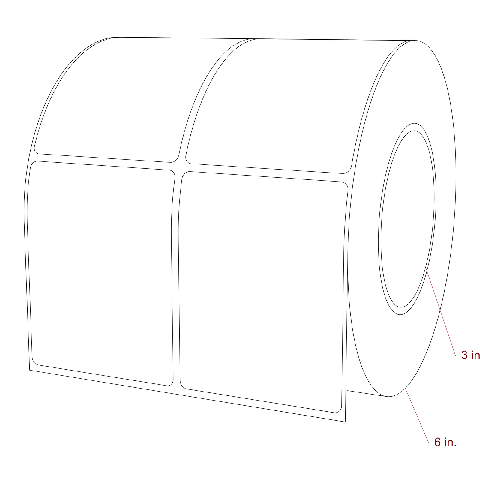 2.75 Inch x 3.5 Inch Rectangle Inkjet Label Roll - 3 Inch Core - 6 Inch Roll OD - 2Up - 3D Perspective