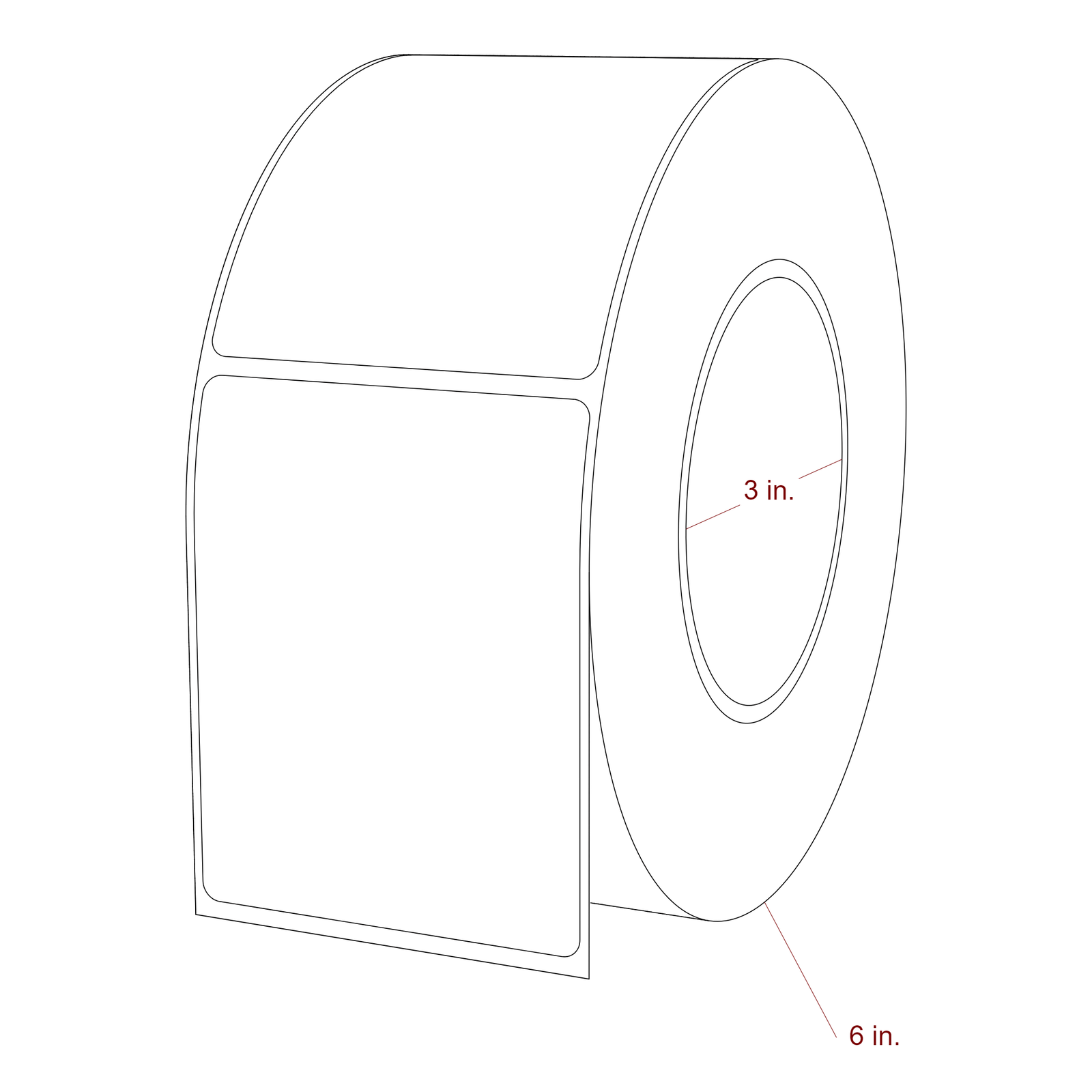2.75 Inch x 3.5 Inch Rectangle Inkjet Label Roll - 3 Inch Core - 6 Inch Roll OD - 3D Perspective