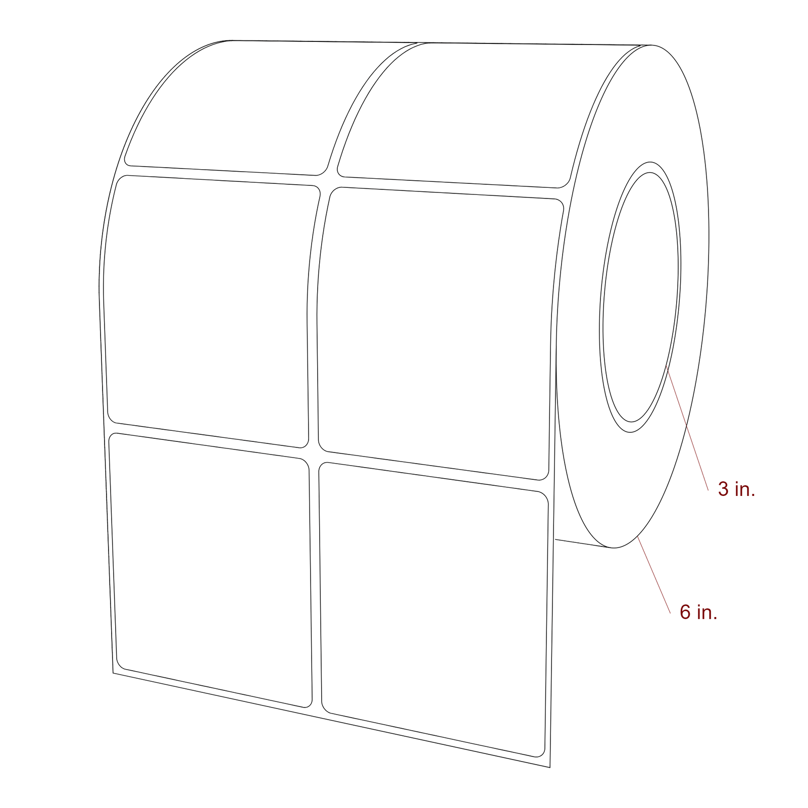 2.75 Inch x 3 Inch Rectangle Inkjet Label Roll - 3 Inch Core - 6 Inch Roll OD - 2Up - 3D Perspective