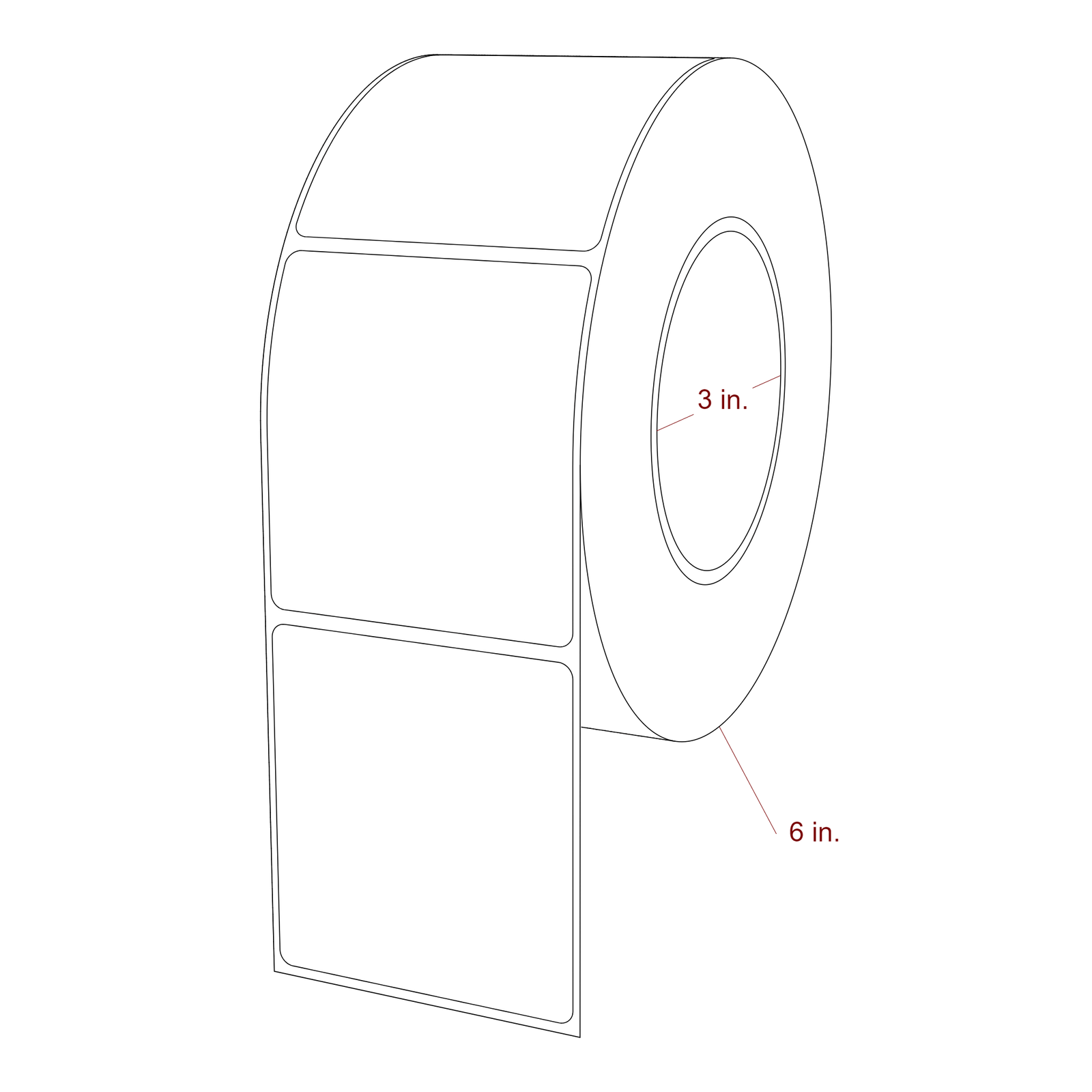 2.75 Inch x 3 Inch Rectangle Inkjet Label Roll - 3 Inch Core - 6 Inch Roll OD - 3D Perspective