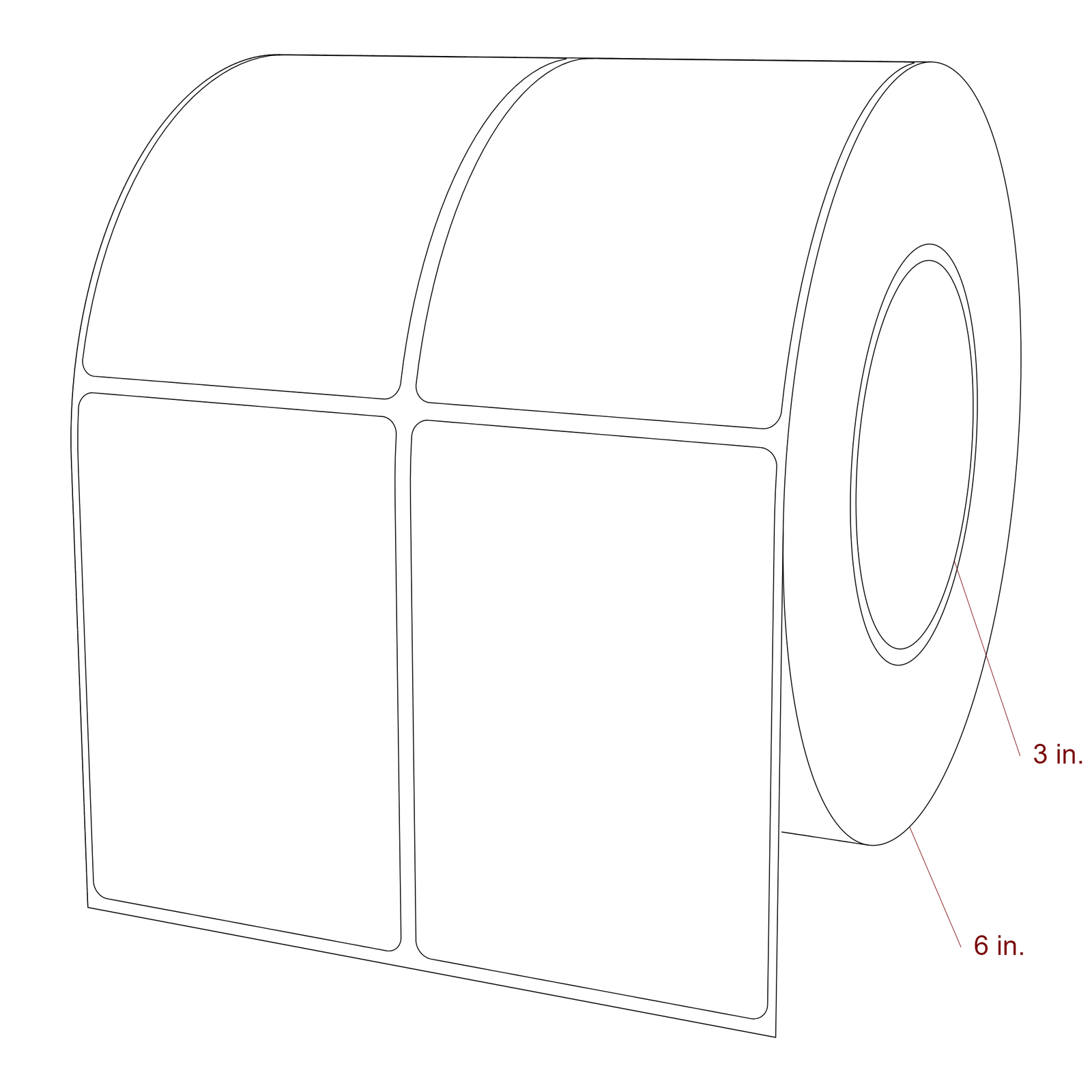 2.75 Inch x 4 Inch Rectangle Inkjet Label Roll - 3 Inch Core - 6 Inch Roll OD - 2Up - 3D Perspective