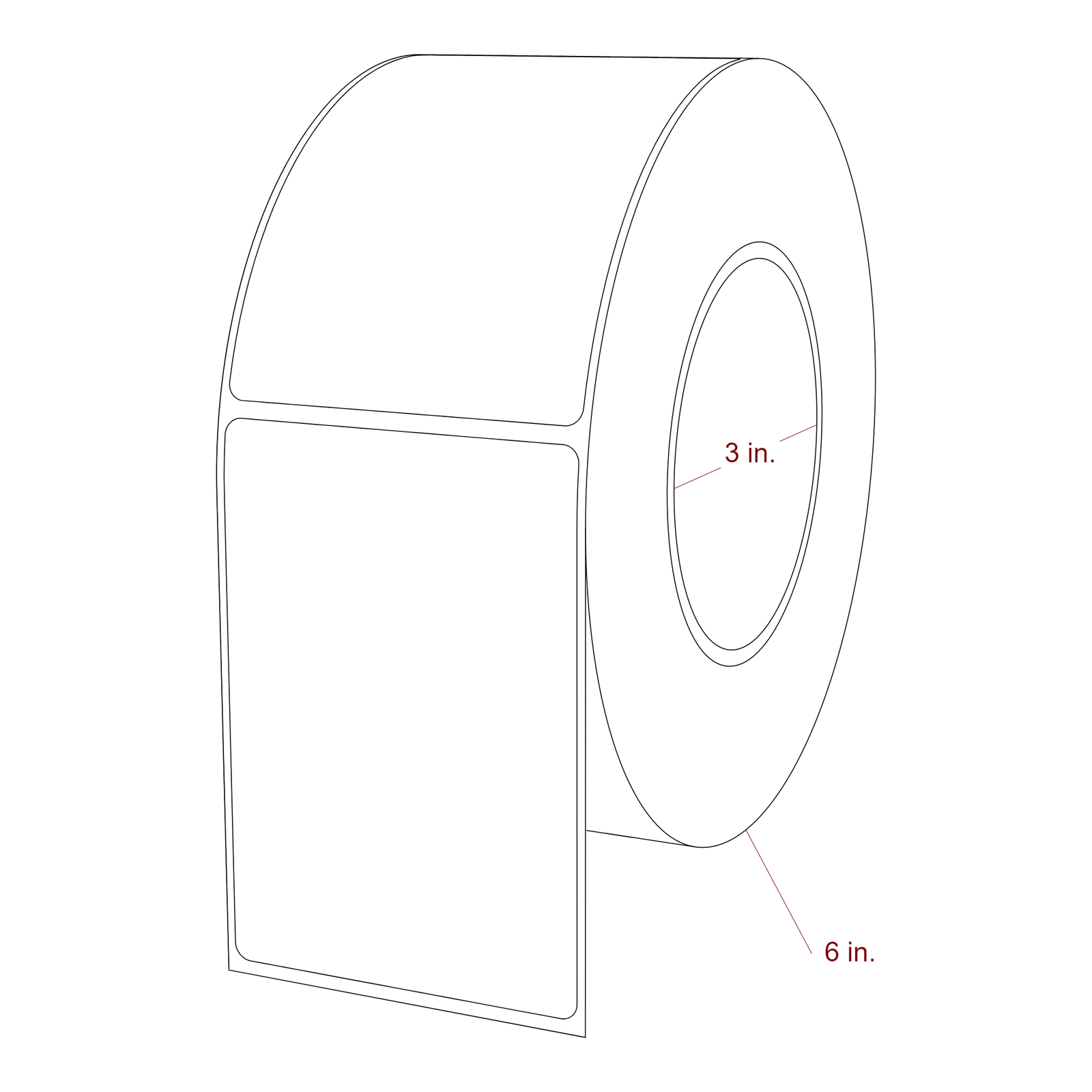 2.75 Inch x 4 Inch Rectangle Inkjet Label Roll - 3 Inch Core - 6 Inch Roll OD - 3D Perspective