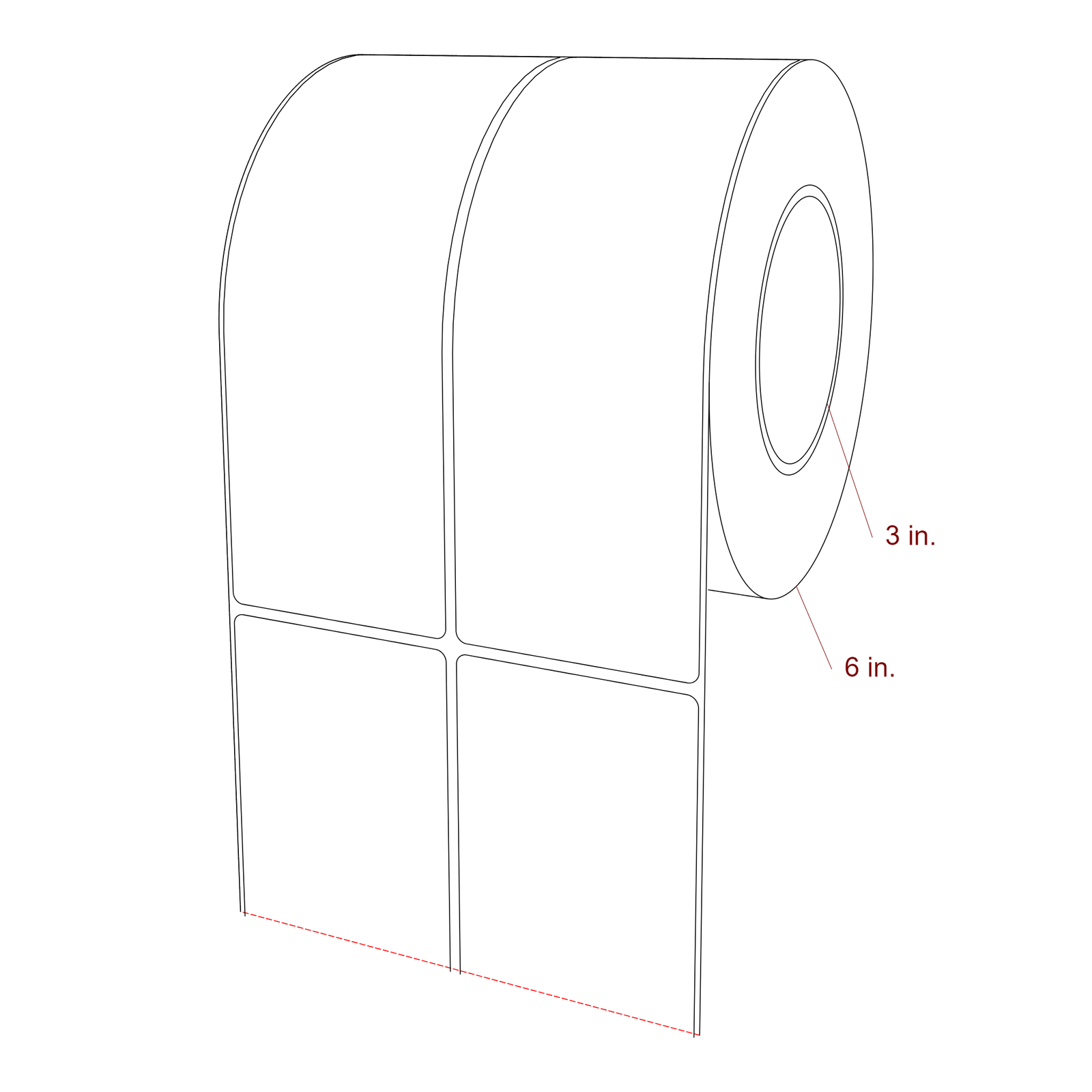 2.75 Inch x 7.75 Inch Rectangle Inkjet Label Roll - 3 Inch Core - 6 Inch Roll OD - 2Up - 3D Perspective