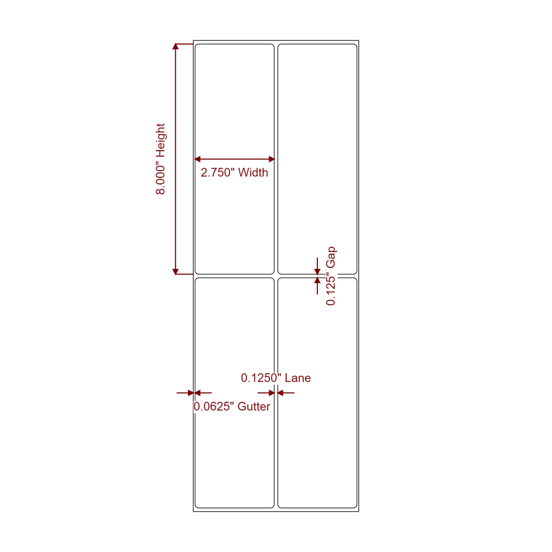 2.75 Inch x 8 Inch Rectangle Inkjet Label Roll - 2Up - 2D Drawing