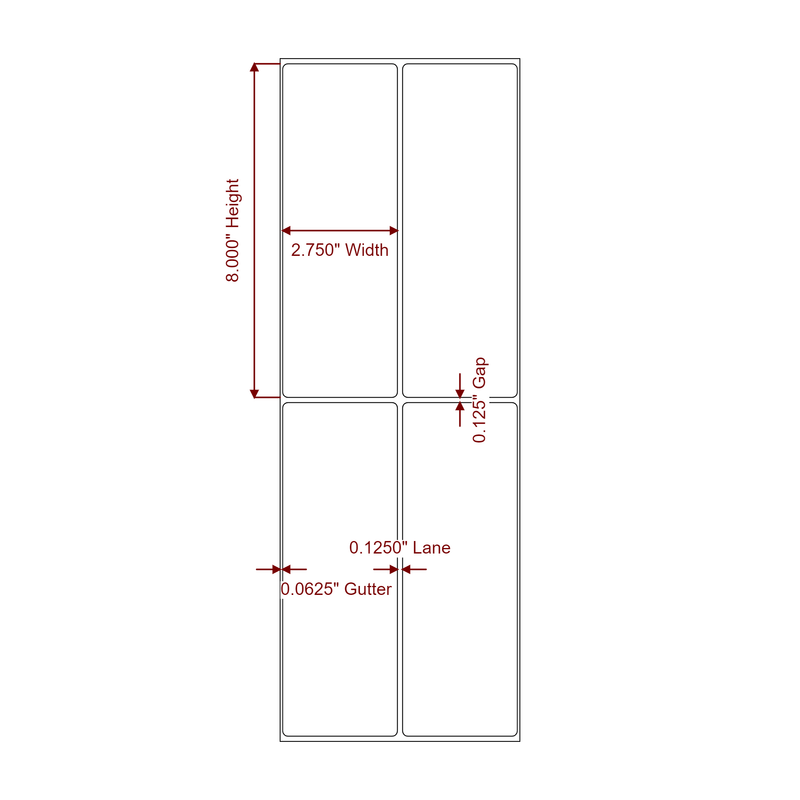 2.75" x 8" Inkjet Label Rolls | 2-Up | Fits Epson ColorWorks, VIPColor & Primera - Label Diagram