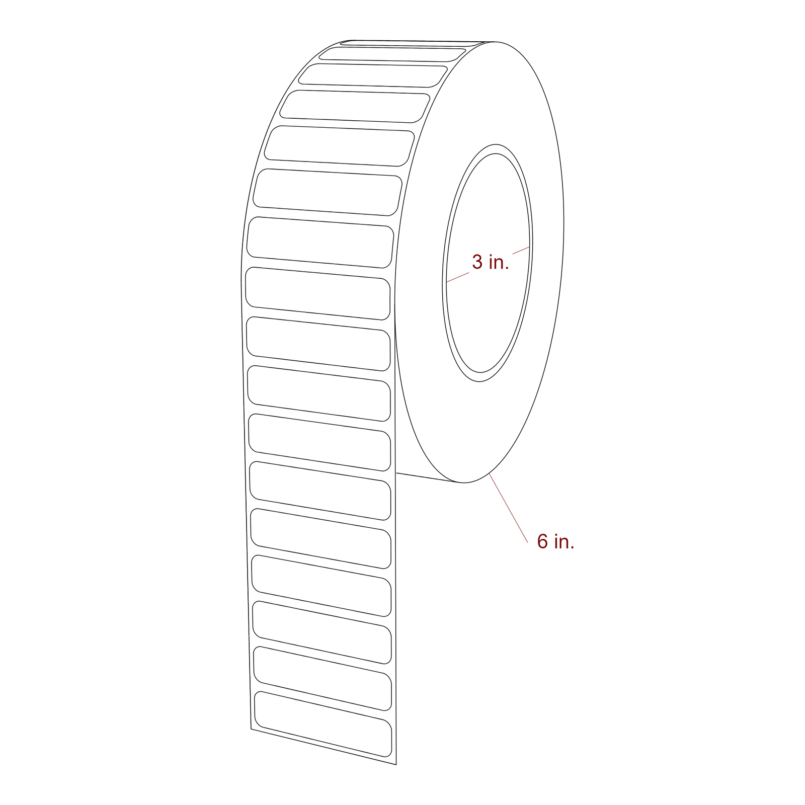 2 Inch x 0.5 Inch Rectangle Inkjet Label Roll - 3 Inch Core - 6 Inch Roll OD - 3D Perspective
