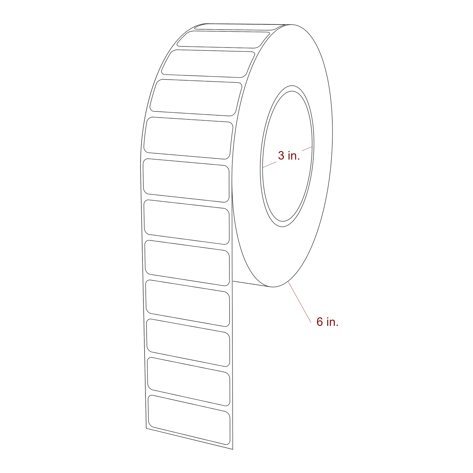 2 Inch x 0.75 Inch Rectangle Inkjet Label Roll - 3 Inch Core - 6 Inch Roll OD - 3D Perspective
