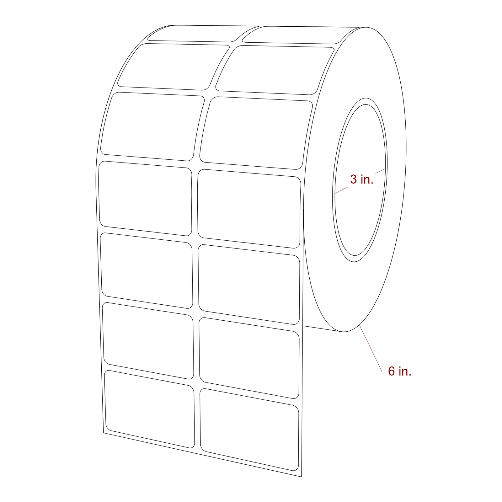 2 Inch x 1.25 Inch Rectangle Inkjet Label Roll - 3 Inch Core - 6 Inch Roll OD - 2Up - 3D Perspective