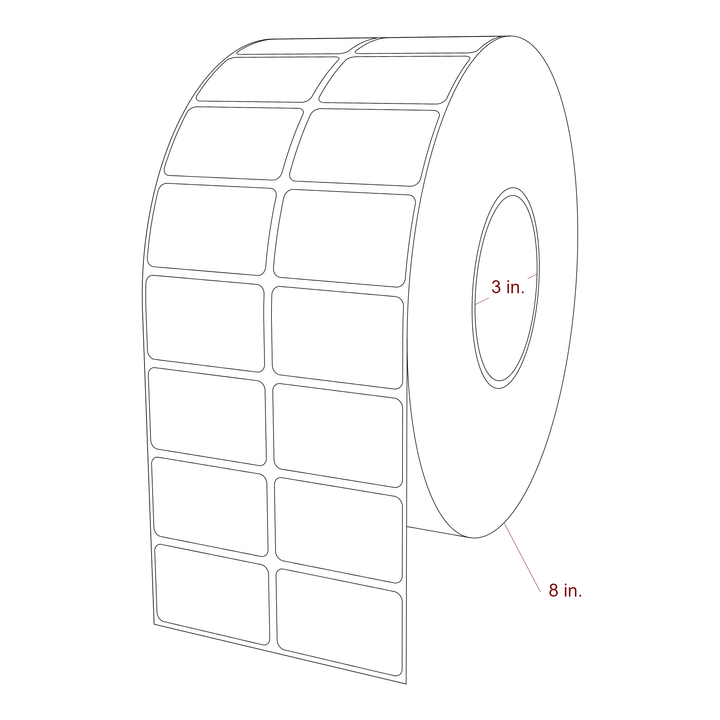 2 Inch x 1.25 Inch Rectangle Inkjet Label Roll - 3 Inch Core - 8 Inch Roll OD - 2Up - 3D Perspective