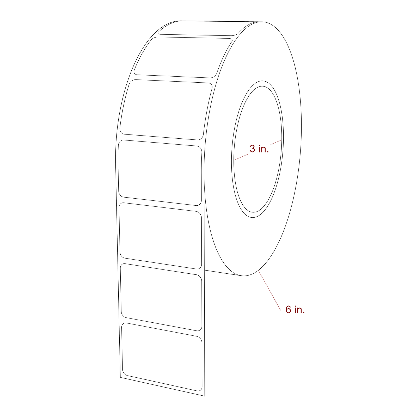 2 Inch x 1.25 Inch Rectangle Inkjet Label Roll - 3 Inch Core - 6 Inch Roll OD - 3D Perspective