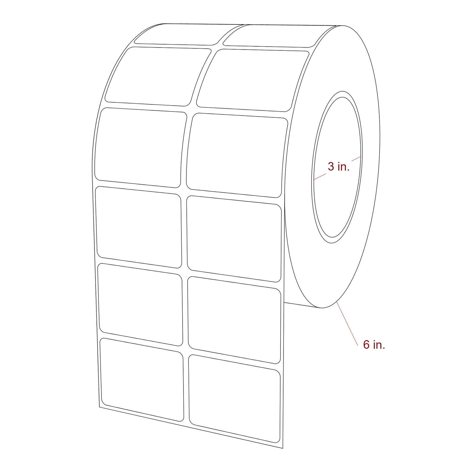 2 Inch x 1.5 Inch Rectangle Inkjet Label Roll - 3 Inch Core - 6 Inch Roll OD - 2Up - 3D Perspective
