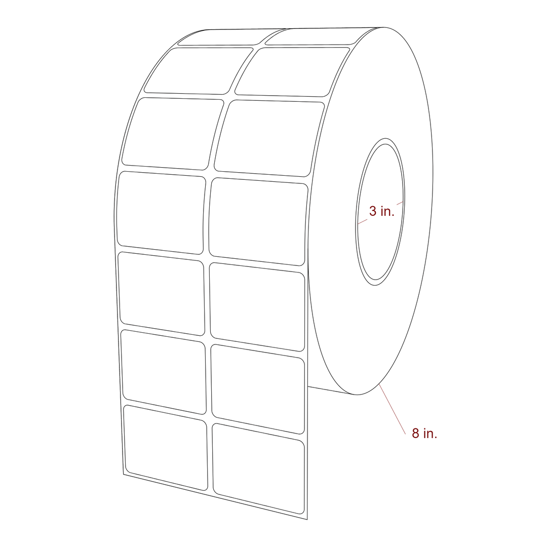 2 Inch x 1.5 Inch Rectangle Inkjet Label Roll - 3 Inch Core - 8 Inch Roll OD - 2Up - 3D Perspective