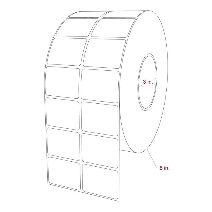 2 Inch x 1.5 Inch Rectangle Inkjet Label Roll - 3 Inch Core - 8 Inch Roll OD - 2Up - 3D Perspective