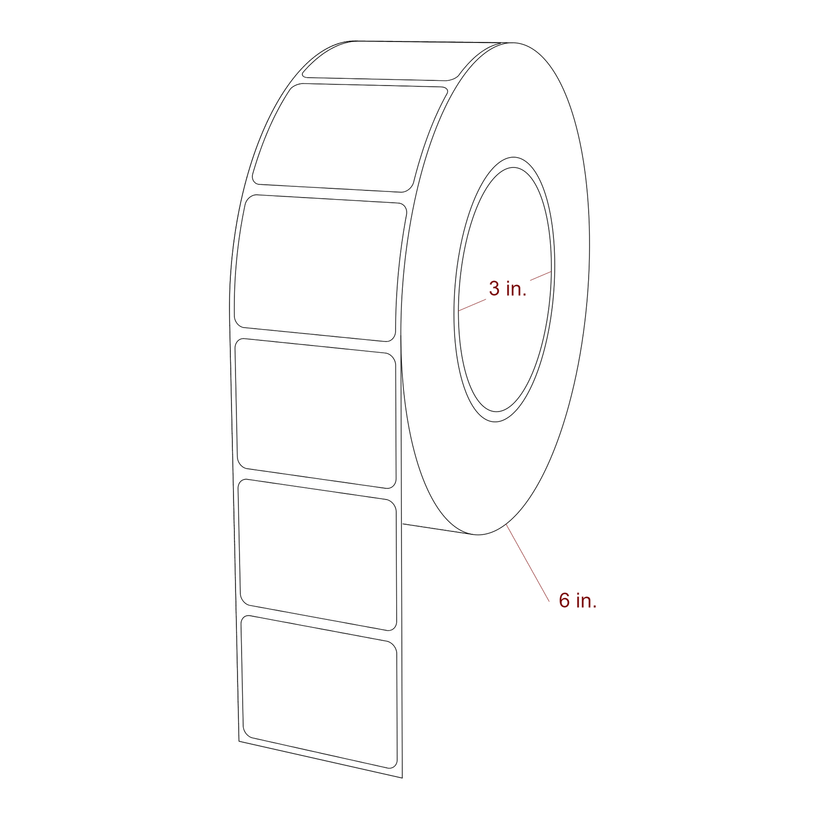 2 Inch x 1.5 Inch Rectangle Inkjet Label Roll - 3 Inch Core - 6 Inch Roll OD - 3D Perspective