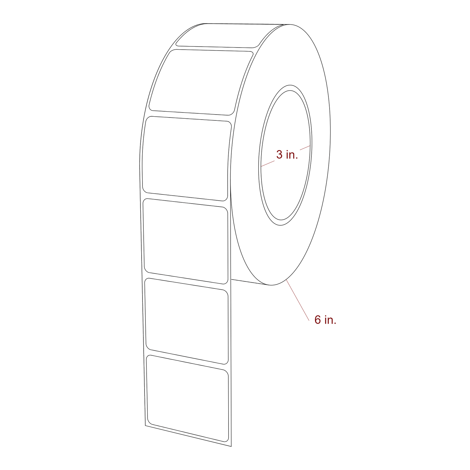 2 Inch x 1.625 Inch Rectangle Inkjet Label Roll - 3 Inch Core - 6 Inch Roll OD - 3D Perspective