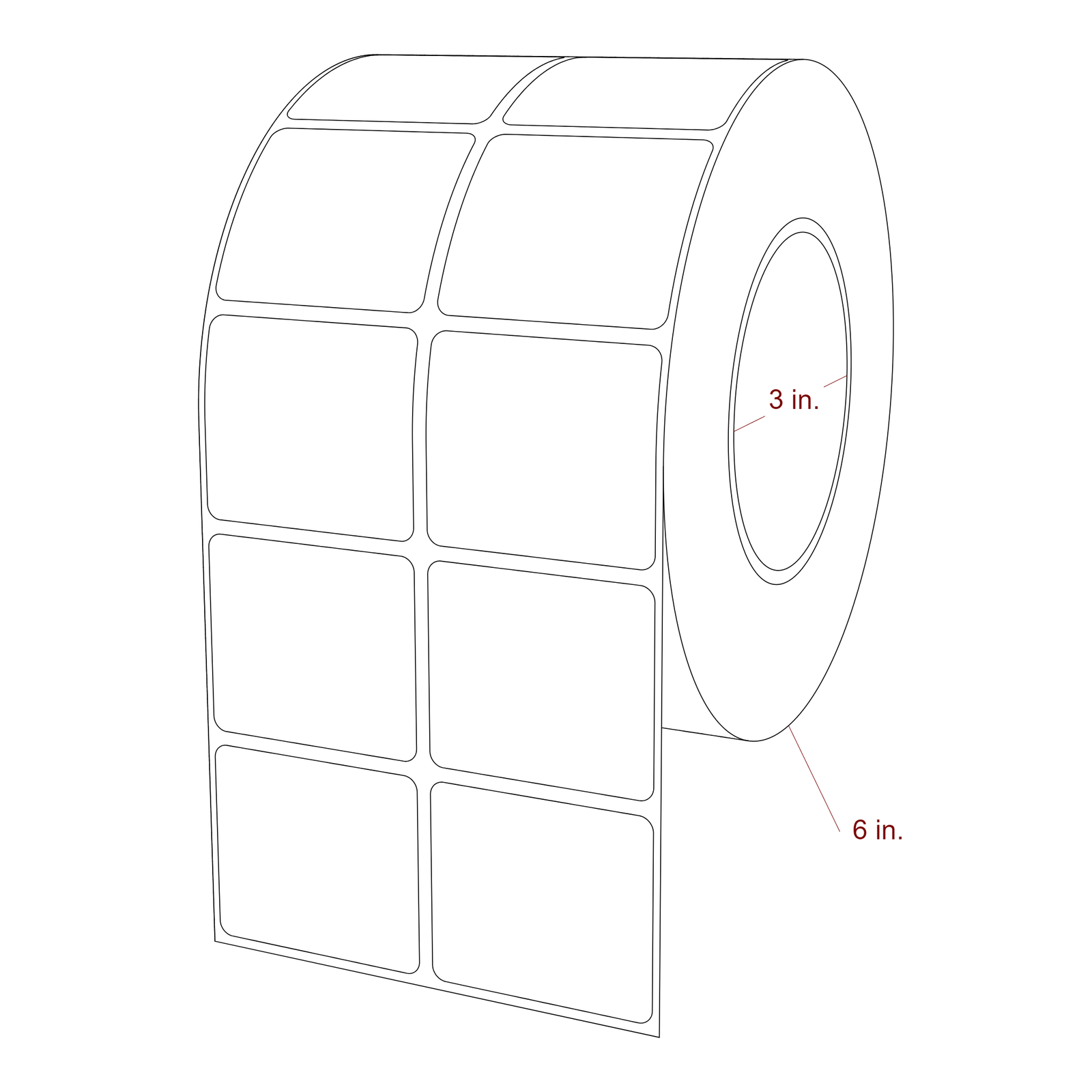 2 Inch x 1.75 Inch Rectangle Inkjet Label Roll - 3 Inch Core - 6 Inch Roll OD - 2Up - 3D Perspective