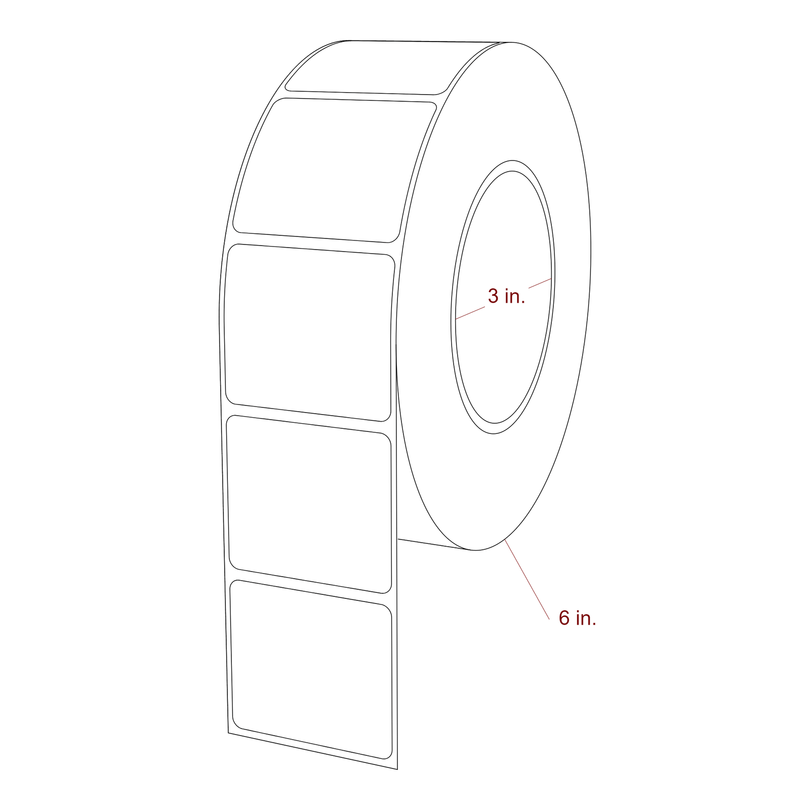 2 Inch x 1.75 Inch Rectangle Inkjet Label Roll - 3 Inch Core - 6 Inch Roll OD - 3D Perspective