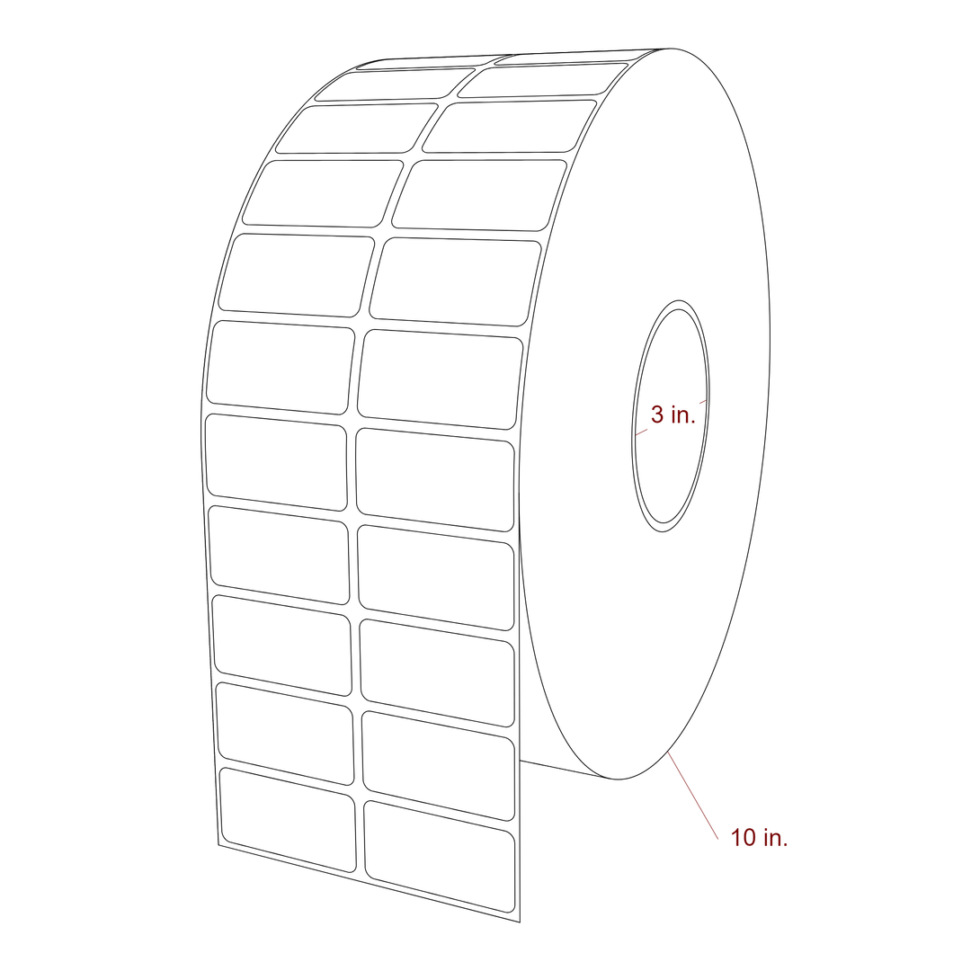 2 Inch x 1 Inch Rectangle Inkjet Label Roll - 3 Inch Core - 10 Inch Roll OD - 2Up - 3D Perspective