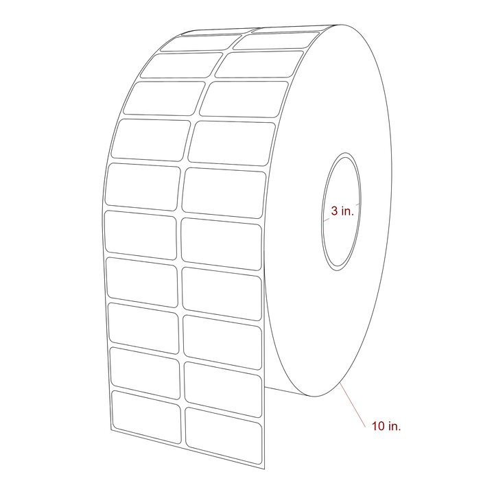 2 Inch x 1 Inch Rectangle Inkjet Label Roll - 3 Inch Core - 10 Inch Roll OD - 2Up - 3D Perspective