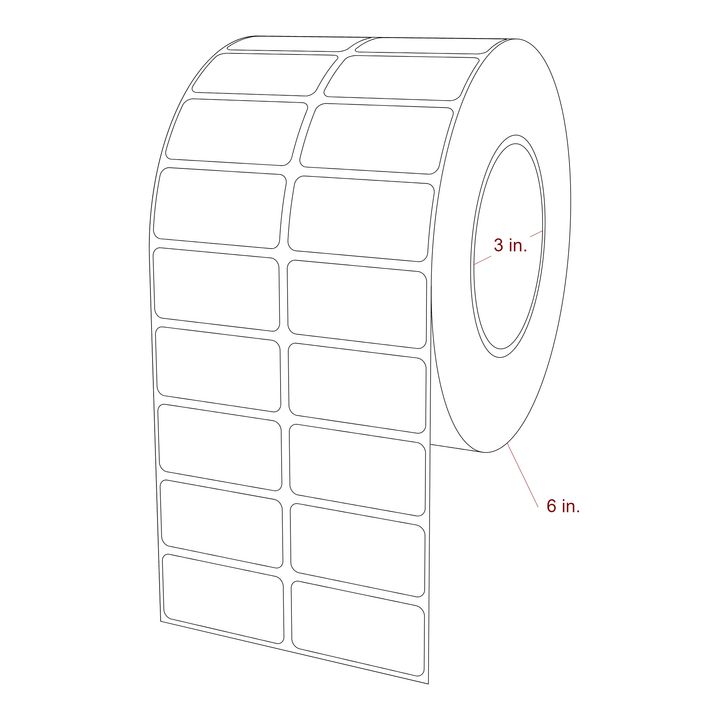 2 Inch x 1 Inch Rectangle Inkjet Label Roll - 3 Inch Core - 6 Inch Roll OD - 2Up - 3D Perspective