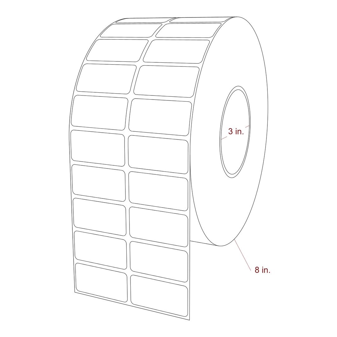 2 Inch x 1 Inch Rectangle Inkjet Label Roll - 3 Inch Core - 8 Inch Roll OD - 2Up - 3D Perspective