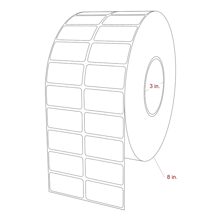 2 Inch x 1 Inch Rectangle Inkjet Label Roll - 3 Inch Core - 8 Inch Roll OD - 2Up - 3D Perspective