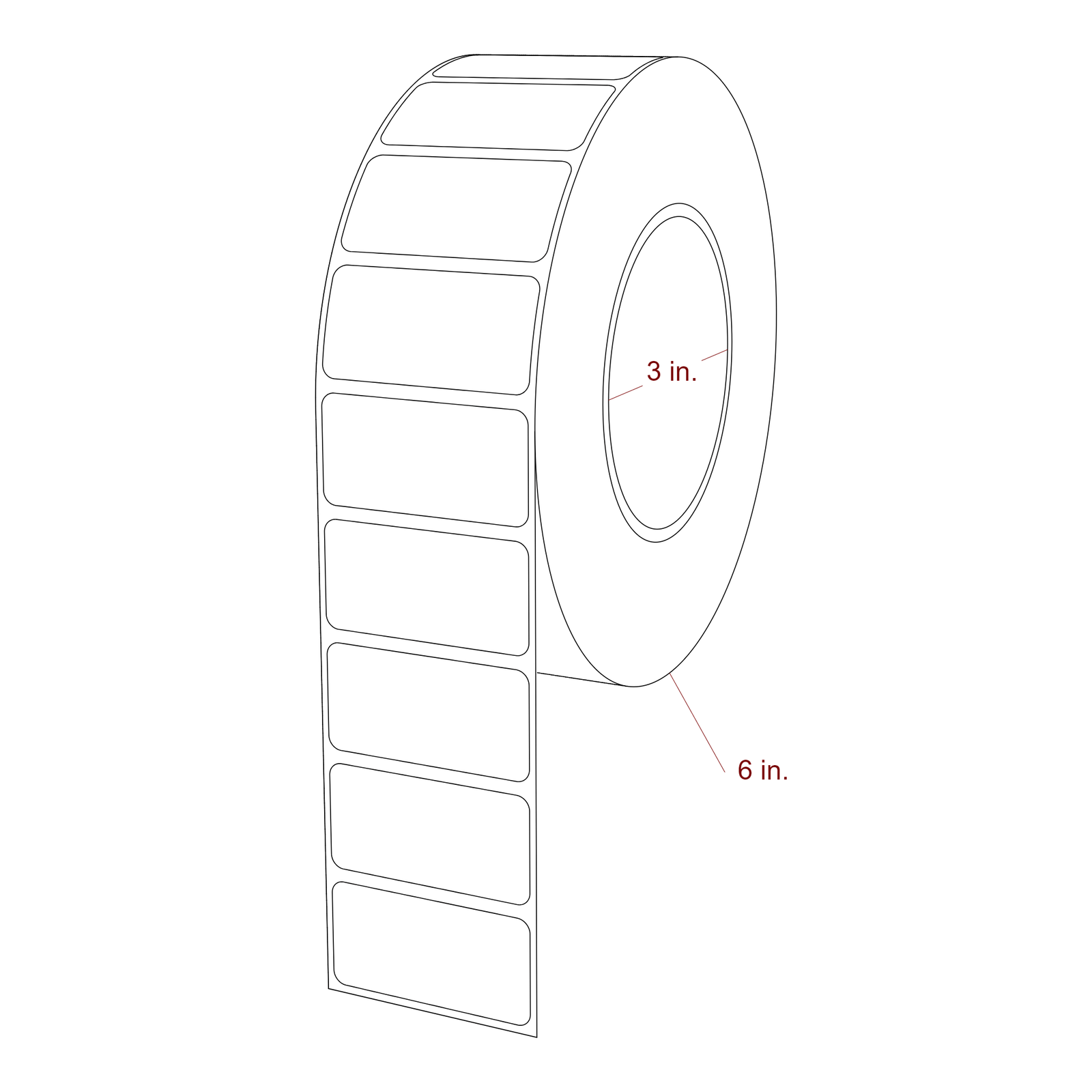 2 Inch x 1 Inch Rectangle Inkjet Label Roll - 3 Inch Core - 6 Inch Roll OD - 3D Perspective