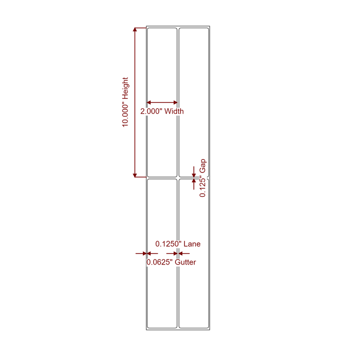 2 Inch x 10 Inch Rectangle Inkjet Label Roll - 2Up - 2D Drawing
