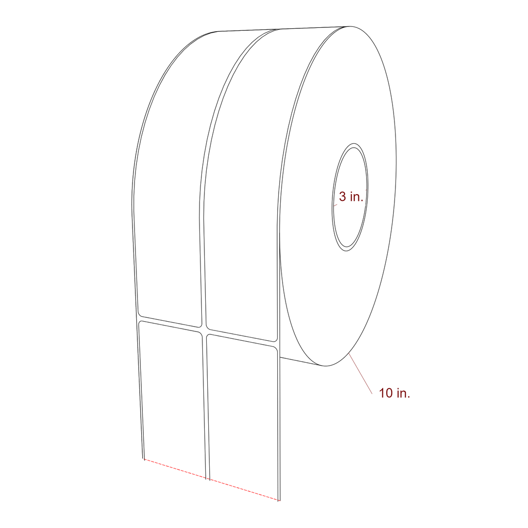 2 Inch x 10 Inch Rectangle Inkjet Label Roll - 3 Inch Core - 10 Inch Roll OD - 2Up - 3D Perspective