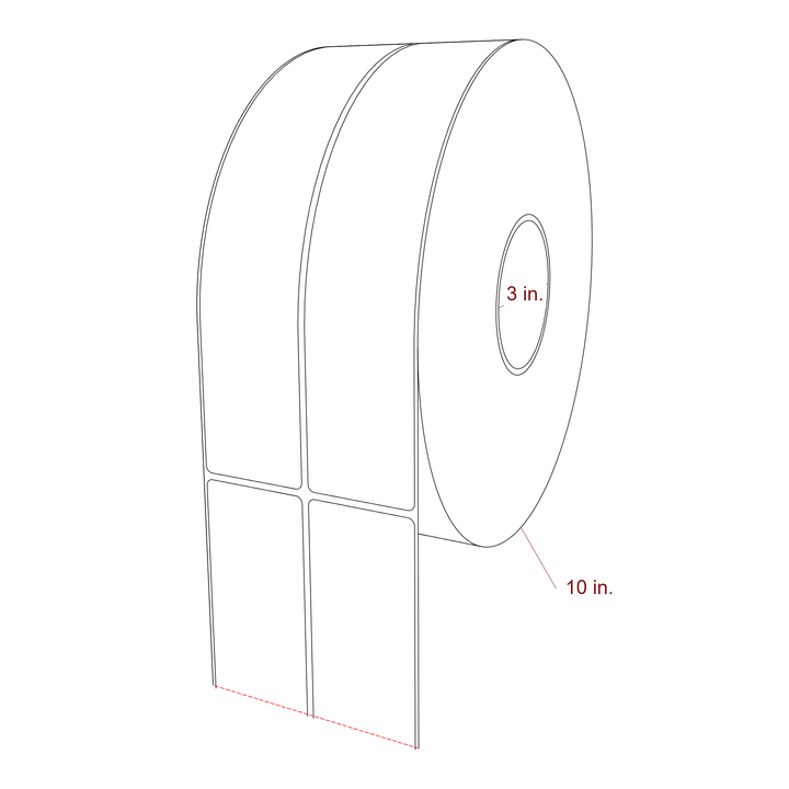 2 Inch x 10 Inch Rectangle Inkjet Label Roll - 3 Inch Core - 10 Inch Roll OD - 2Up - 3D Perspective