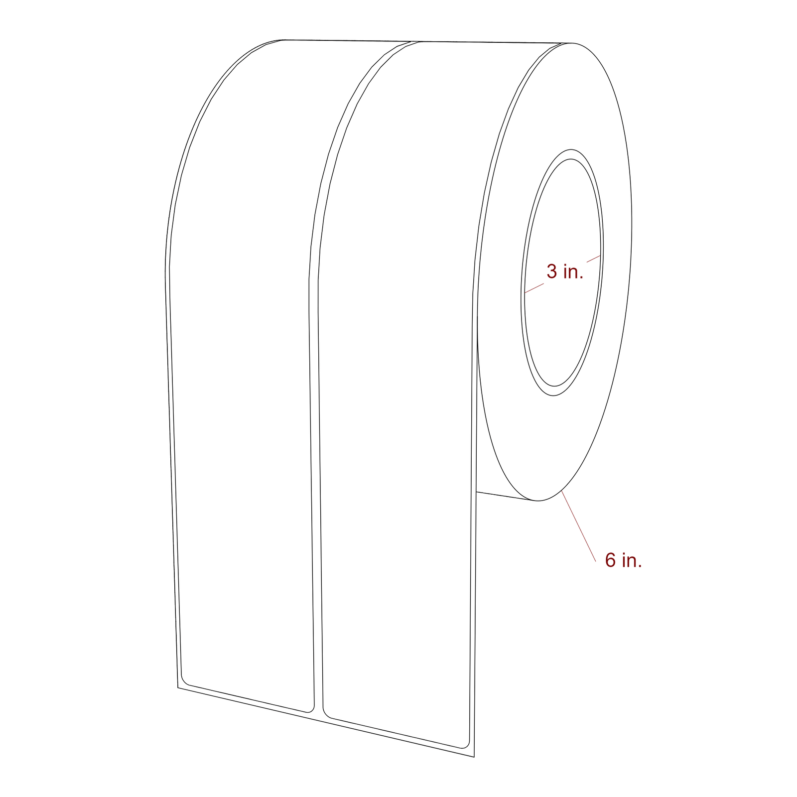2 Inch x 10 Inch Rectangle Inkjet Label Roll - 3 Inch Core - 6 Inch Roll OD - 2Up - 3D Perspective