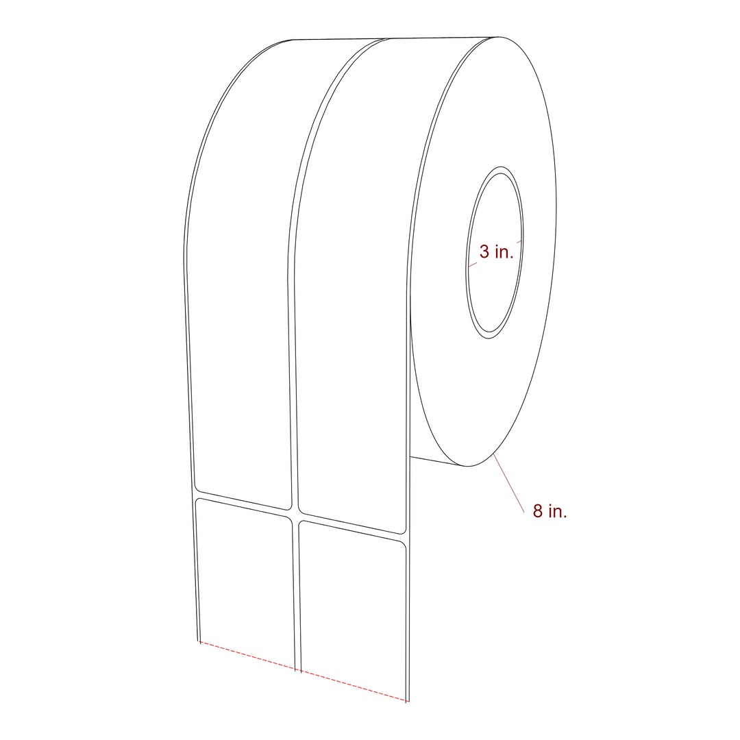 2 Inch x 10 Inch Rectangle Inkjet Label Roll - 3 Inch Core - 8 Inch Roll OD - 2Up - 3D Perspective