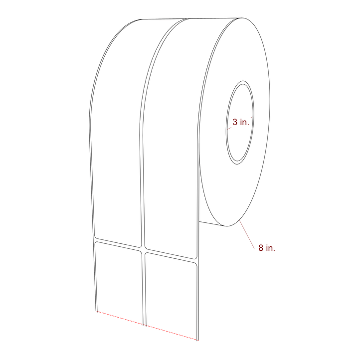 2 Inch x 10 Inch Rectangle Inkjet Label Roll - 3 Inch Core - 8 Inch Roll OD - 2Up - 3D Perspective